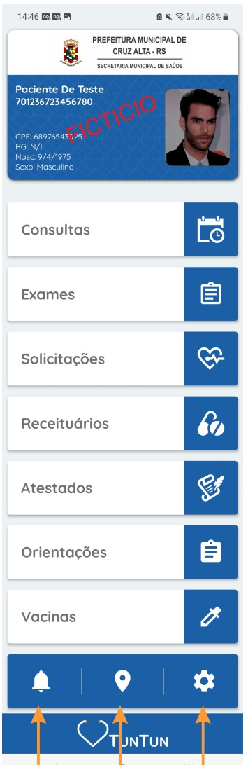 Tela inicial do aplicativo TunTun com cartão de saúde digital, consultas, exames, receituários e vacinas